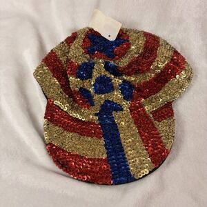 Vtg 90s Ultra Sequin Newsboy Cap Patriotic Red Gold Blue Hand Sewn Bali Hat NOS